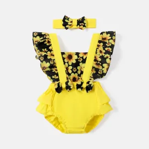 2pcs Baby Girl 100% Cotton Solid & Sunflower-print Spliced Layered Ruffle Trim Romper & Headband Set #224592