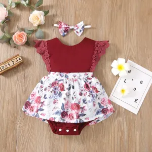 2pcs Baby Girl 95% Cotton Lace Flutter-sleeve Floral Print Romper with Headband Set
