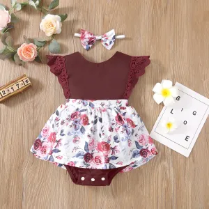 2pcs Baby Girl 95% Cotton Lace Flutter-sleeve Floral Print Romper with Headband Set #765511