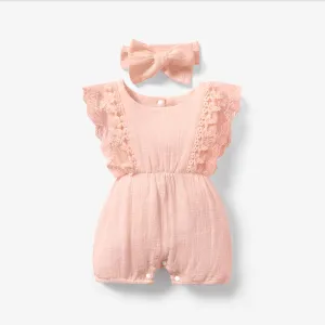 2pcs Baby Girl 95% Cotton Lace Flutter-sleeve Romper with Headband Set