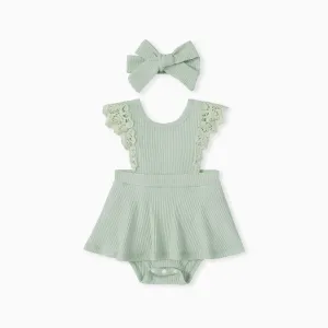 2pcs Baby Girl 95% Cotton Lace Flutter-sleeve Solid Ribbed Romper with Headband Set #1244906