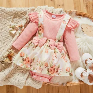 2pcs Baby Girl 95% Cotton Ribbed Long-sleeve Faux-two Floral Print Romper with Headband Set #191736