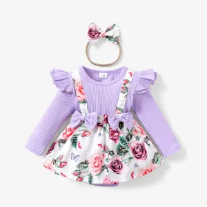 2pcs Baby Girl 95% Cotton Ribbed Long-sleeve Faux-two Floral Print Romper with Headband Set #191746