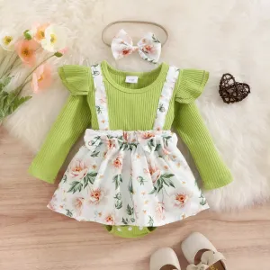 2pcs Baby Girl 95% Cotton Ribbed Long-sleeve Faux-two Floral Print Romper with Headband Set #191754
