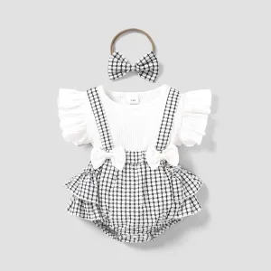 2pcs Baby Girl 95% Cotton Ribbed Ruffle-sleeve Bowknot Splicing Plaid Layered Romper with Headband Set #198862