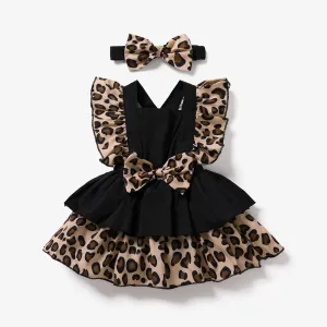2pcs Baby Girl 95% Cotton Solid & Leopard Print Layered Ruffle Trim Sleeveless Romper and Headband Set #775929