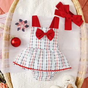 2pcs Baby Girl Allover Anchor Print Bow Decor Strappy Bodysuit Dress and Headband Set #1037412