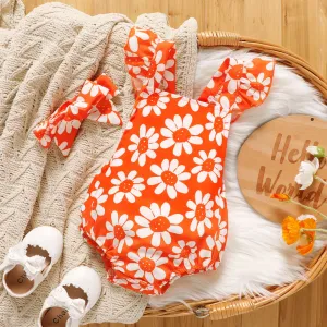 2pcs Baby Girl Allover Big Floral Print Ruffle Romper and Headband Set #1035978