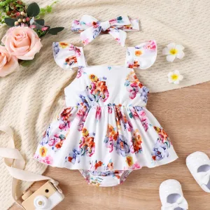 2pcs Baby Girl Allover Floral Print Flutter-sleeve Bodysuit with Headband #1045952