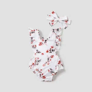 2pcs Baby Girl Allover Floral Print Ruffled Romper & Bow Headband Set #915936