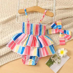 2pcs Baby Girl Colorful Stripe Print Smocked Cami Romper and Headband Set #925078