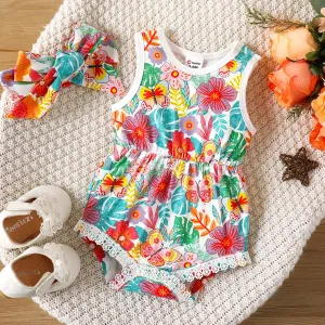 2pcs Baby Girl Cotton Allover Colorful Butterfly & Floral Print Lace Detail Tank Romper & Headband Set #865352