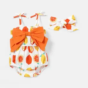 2pcs Baby Girl Cotton Bow Decor Allover Fruit Print Spaghetti Strap Romper & Headband Set #803545