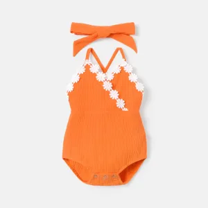 2pcs Baby Girl Floral Applique Design Cotton Ribbed Cami Romper & Headband Set