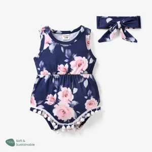 2pcs Baby Girl Floral Print Pom Poms Detail Sleeveless Naiaâ¢ Romper & Headband Set #226227
