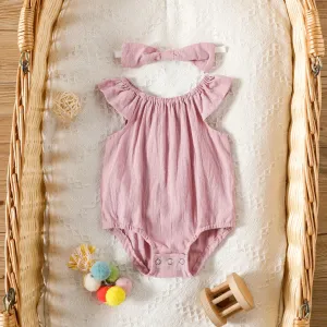 2pcs Baby Girl Flutter Sleeve Rompers Suit Set in Solid Color #1323921