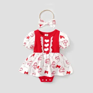 2pcs Baby Girl Heart-shaped Pattern Lace Bubble Sleeves Romper #1317711
