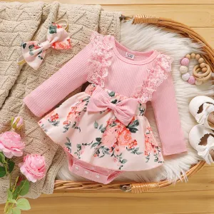 2pcs Baby Girl Long-sleeve Rib Knit Spliced Lace Ruffle Bow Front Floral Print Romper with Headband Set #208839