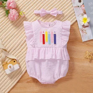 2pcs Baby Girl Pencil Embroidered Stripe Ruffled Bodysuit and Headband Set #1033754