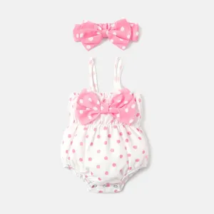 2pcs Baby Girl Polka Dots Print Bow Front Cami Romper & Headband Set #219148