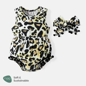 2pcs Baby Girl Pom Poms Detail Leopard Print Sleeveless Naiaâ¢ Romper with Headband Set #718023