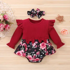 2pcs Baby Girl Red Ribbed Ruffle Long-sleeve Splicing Floral Print Skirted Romper Set #196239