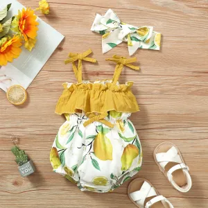 2pcs Baby Girl Ruffled Lemon Print Cami Romper & Headband Set