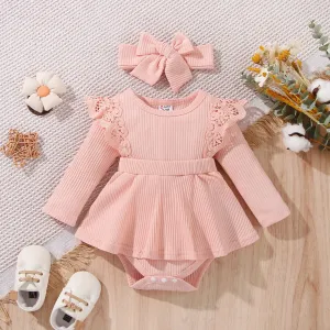 2pcs Baby Girl Solid Rib Knit Spliced Lace Long-sleeve Romper with Headband Set #815249