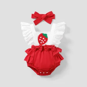 2pcs Baby Girl Strawberry Embroidered Bow Front Ruffled Spliced Romper & Headband Set #854146