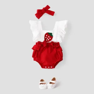 2pcs Baby Girl Strawberry Embroidered Bow Front Ruffled Spliced Romper & Headband Set