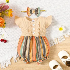 2pcs Baby Girl Striped Panel Rib-knit Flutter-sleeve Romper with Bow Headband #1040962