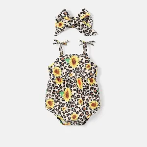 Naiaâ¢ 2pcs Baby Girl Sunflower & Leopard Print Cami Romper with Headband Set #720849