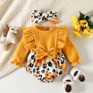 2pcs Baby Girl Sunflower & Leopard Print Spliced Solid Ruffle Trim Long-sleeve Romper and Headband Set #230841