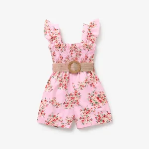 2pcs Toddler Girl Sweet Floral Print Smocked Sleeveless Rompers and Belt #915101
