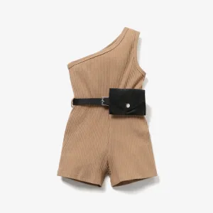 2pcs Toddler Girl Trendy Ribbed One Shoulder Sleeveless Rompers & Waist Bag #818641