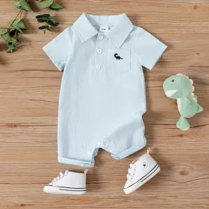 Baby Boy 100% Cotton Front Buttons Pocket with Dinosaur Pattern Lapel Neck Solid Jumpsuit #1036133