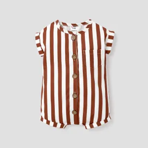 Baby Boy/Girl 100% Cotton Solid/Striped Button Up Cap-sleeve Romper #803051