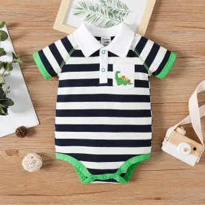 Baby Boy 95% Cotton Stripe Polo Collar Animal Embroidered Short-sleeve Romper