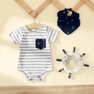 Baby Boy Anchor Graphic Striped Short-sleeve Romper & Bib Set #882028
