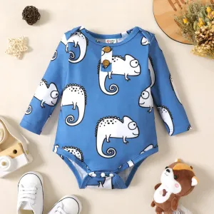 Baby Boy Apricot/Blue All Over Animal Print Long-sleeve Romper #802928