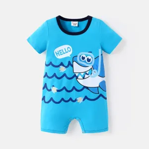Baby Boy Blue Shark Print Short-sleeve Cotton Jumpsuit