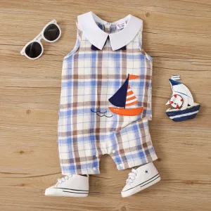 Baby Boy Buttons Sailboat Embroidery Plaid Bow Tie Bodysuit #1047319