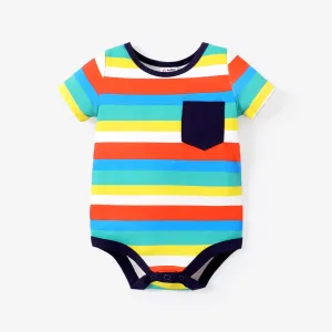 Baby Boy Cartoon Vehicle Print Grey/White/Colorful Striped Short-sleeve Romper