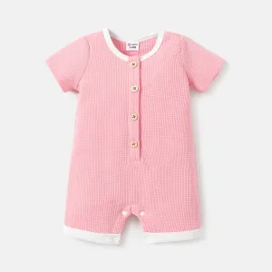 Baby Boy/Girl Button Front Solid Waffle Textured Short-sleeve Romper #791681