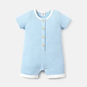 Baby Boy/Girl Button Front Solid Waffle Textured Short-sleeve Romper #791684