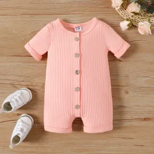 Baby Boy/Girl Solid Cotton Ribbed Button Front Short-sleeve Romper #910042