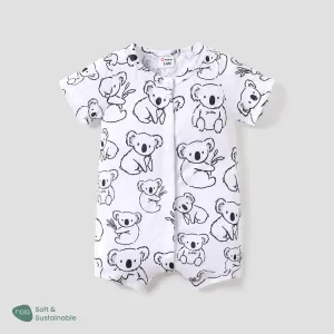 Baby Boy Koala Print White/Grey Striped Short-sleeve Snap Romper