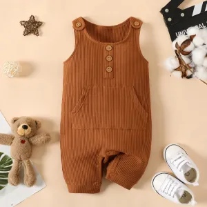 Baby Boy Solid Kangaroo Pocket Button Up Ribbed Jumpsuit #915043