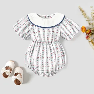 Baby Girl 100% Cotton Allover Floral Print Ruffled Collar Puff-sleeve Romper