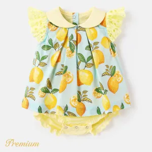 Baby Girl 100% Cotton Allover Lemon Print Peter Pan Collar Flutter-sleeve Romper #847576